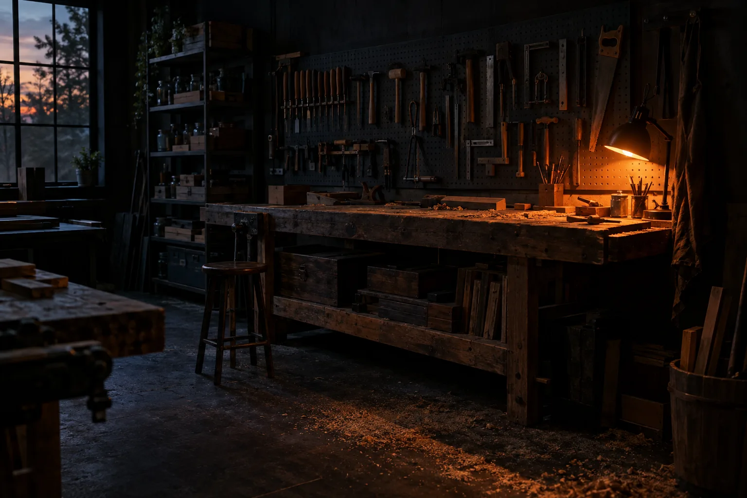 A tidy craftsman workshop with hand tools on a pegboard, lit by a warm lamp